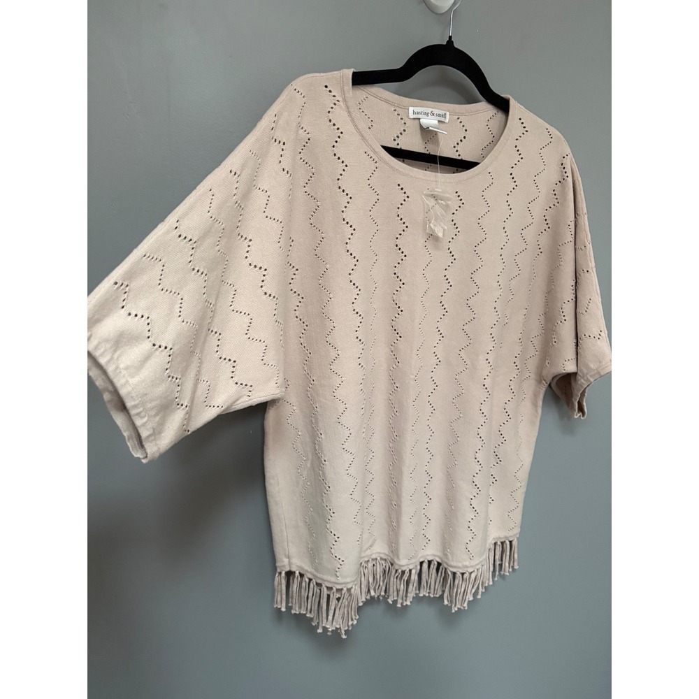 Hasting & Smith Beige Pointelle Knit Fringe Hem Top XL Cotton Boho Short Sleeve - Picture 4 of 7